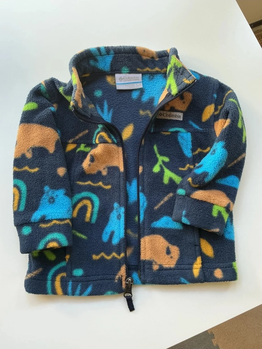 Columbia Navy Fleece Jacket with Blue, Tan & Green Animal Prints